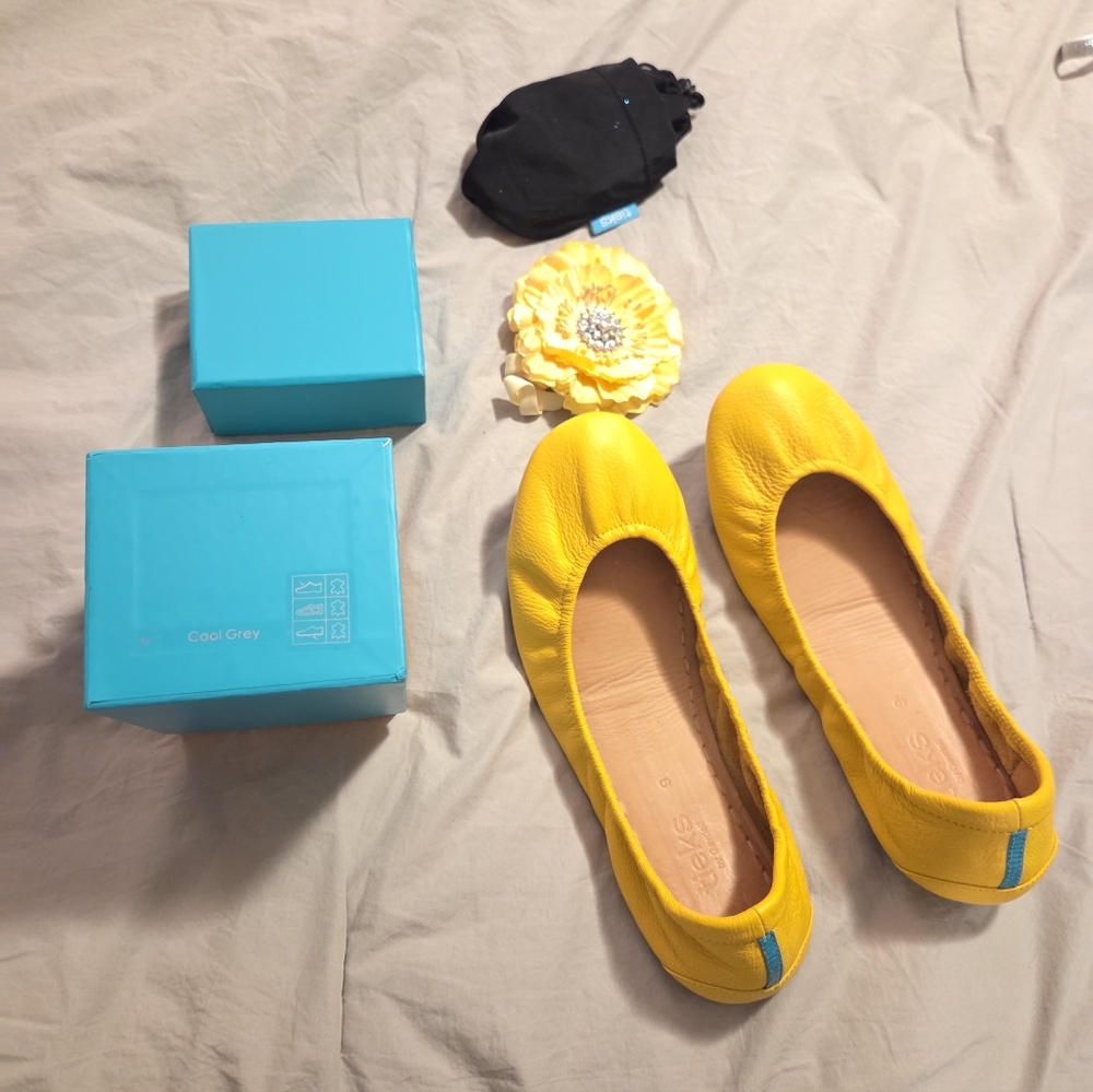 Tieks Yellow Flats with Elastic Trim and Foldable Design With A Box And Flower - Picture 11 of 13
